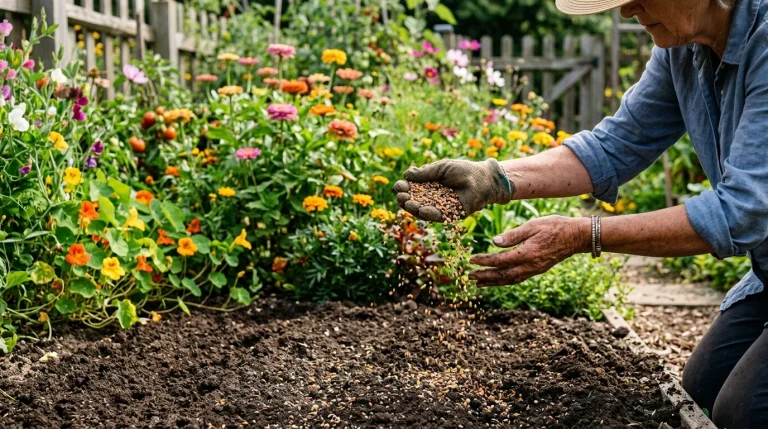 Gardener scattering a mix of seeds across a garden bed next to a lush chaos-planted flower border