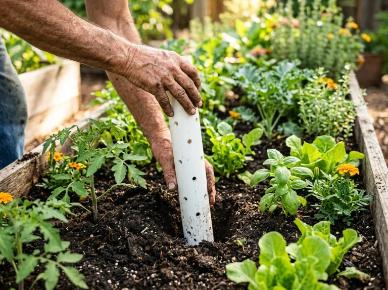 Gardener lowering a perforated PVC pipe into a raised garden bed for a worm tower