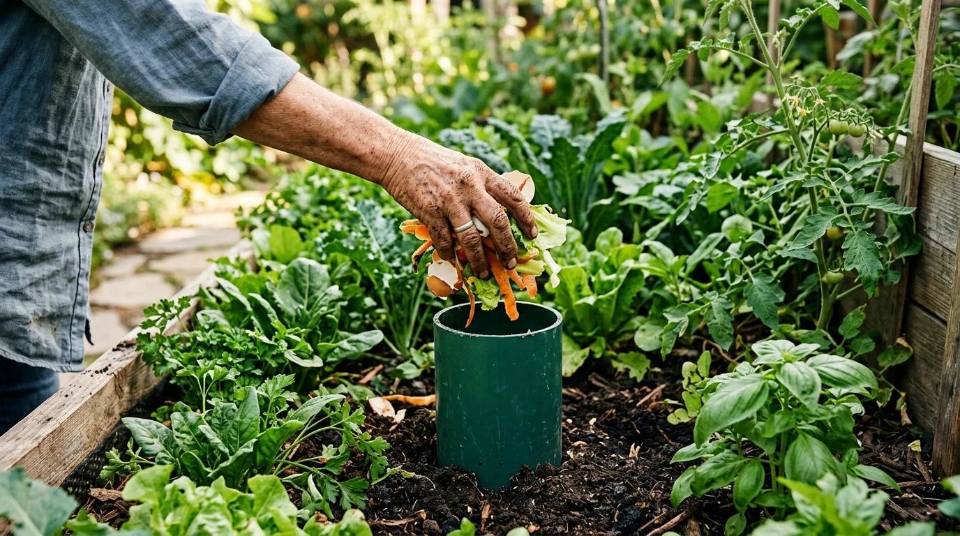 Gardener dropping vegetable scraps into a worm tower feeding pipe